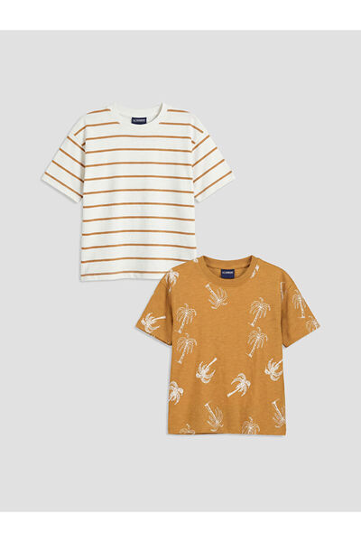 LC Waikiki Καφέ μπλουζάκι για αγόρια με στάμπα και λαιμόκοψη ποδηλάτου, σετ 2...