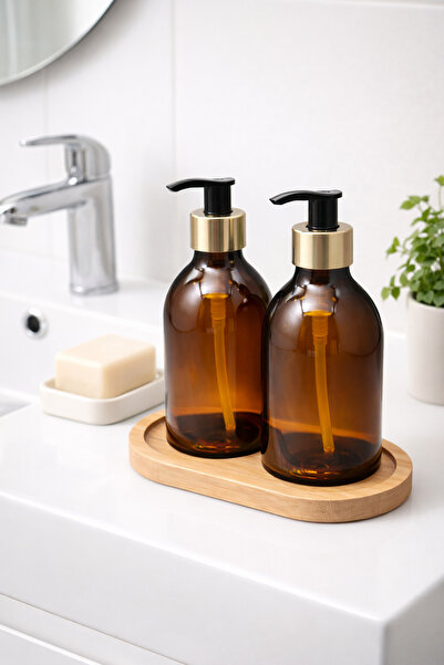 NO BRAND 500 ml Amber Cam Sıvı Sabunluk Seti – Bambu Altlıklı 2’li Banyo Mutf...