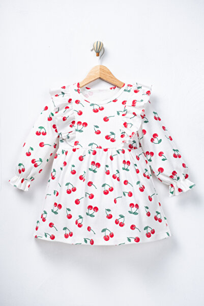 TİNY GOLDEN Kız Çocuk Kiraz Desenli %100 Pamuklu Fırfırlı Elbise