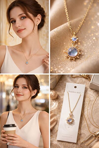 FLARF قلادة من الفولاذ بتصميم زهرة الورد على شكل هلال