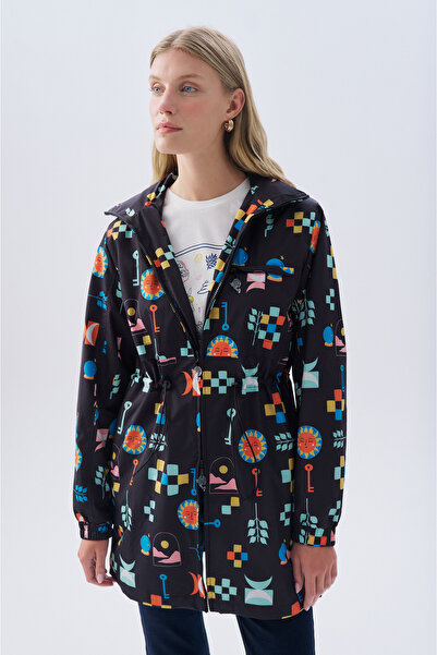 Mudo Patterned Double Zipper Hooded Long Raincoat