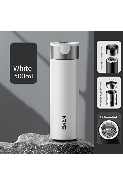 Choice ترمس أبيض سعة 500 مل (0.5 لتر) معزول حرارياً، يُفتح بضغطة زر واحدة، مص...