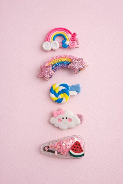 LİNACO Simli Gökkuşağı Temalı 6’lı Saç Toka Seti