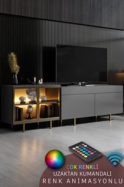 Modatte VİENNA TV ÜNİTESİ RGB LED IŞIKLI GOLD DEMİR AYAKLI RAFLI DOLAPLI ANTR...