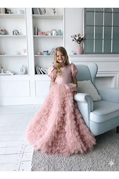 Asel Kids KIZ ÇOCUK KUYRUKLU ELBİSE GELİNLİK KATLI MODEL TÜL ELBİSE