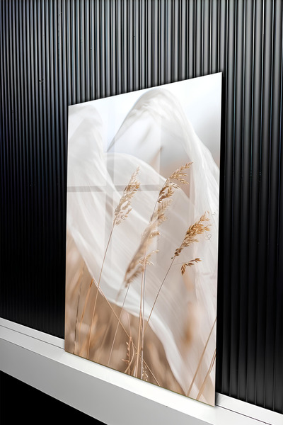 kutuTR Modern Bohem Tarzı Uçuşan Tül ve Başak Detaylı Cam Tablo 50x70 Cm 2D U...
