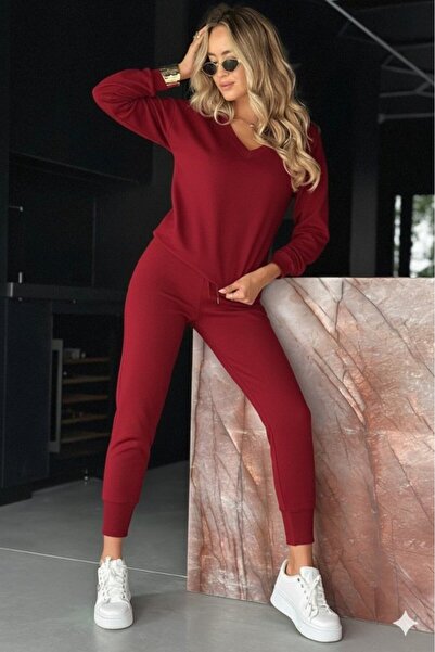 DoğaMilya Butik Women's Long Sleeve V-Neck Viscose Two Thread Blouse and Pant...