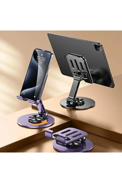 Metal 360 Dönebilen Ayarlanabilir Telefon ve Mini Tablet Tutucu Masa Üstü Lüx Stand Gri
