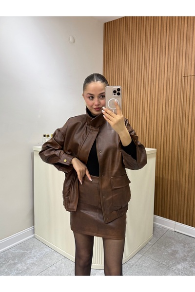 ÖzenButik Bomber Deri Ceket Etek Taba