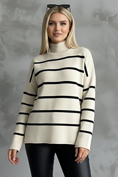 İntive Lingerie Women's Striped High-Neck Modern Sweater
