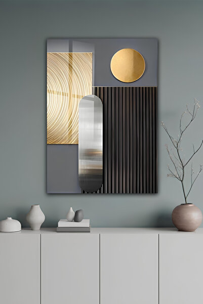 kutuTR Gümüş Detaylı Modern Geometrik Soyut Sanat Temperli Cam Tablo 2D UV Ba...