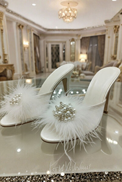 bigmama Bridal Slippers: Pearl-Embellished Dowry Slippers with Feathered Heel...