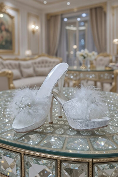 bigmama Bridal Slippers: Pearl-Embellished Dowry Slippers with Feathered Heel...