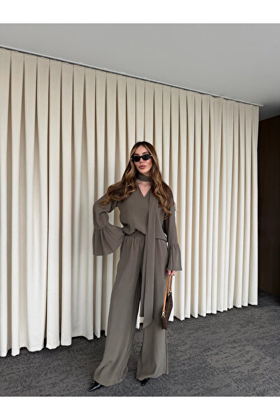 Laluvia Khaki Flared Sleeve Blouse and Pants Set - 0812