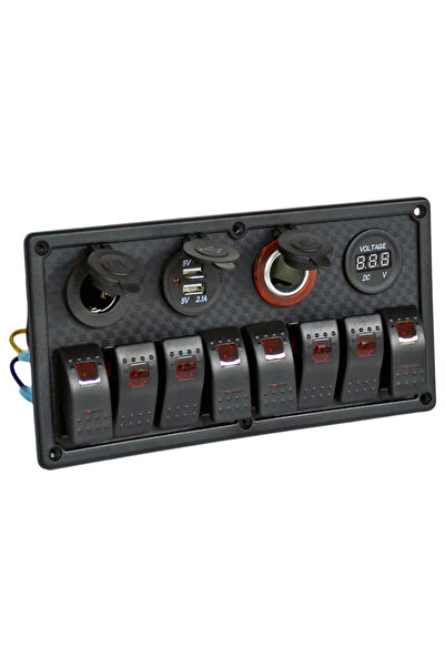 Carub Anahtar Switch Paneli 8 lı Voltmetre + USB + Çakmak Kırmızı Işıklı 23,5...