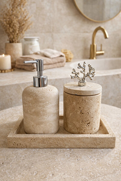 zekmar home stone طقم صابون من الحجر الطبيعي الترافرتين مكون من 3 قطع