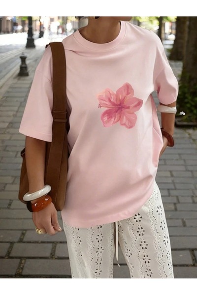 WESTİMO Women's Pink Clover Flower Printed Oversize T-Shirt