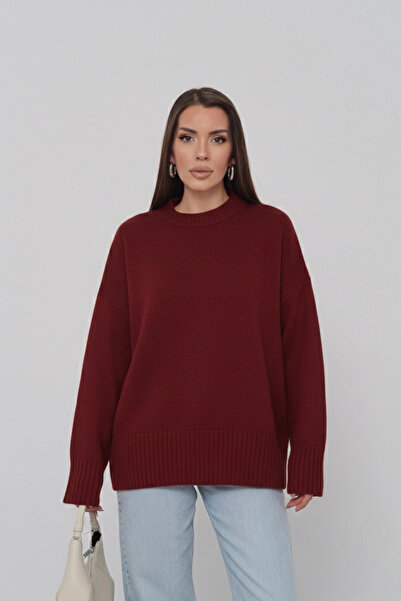 Lusin Women's Oversize Burgundy Crew Neck Cotton Textured Long Sleeve Knit Sw...