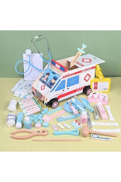 OEM Set de joacă Doctor, Ambulanță din lemn albă, 25 de piese, multicolor