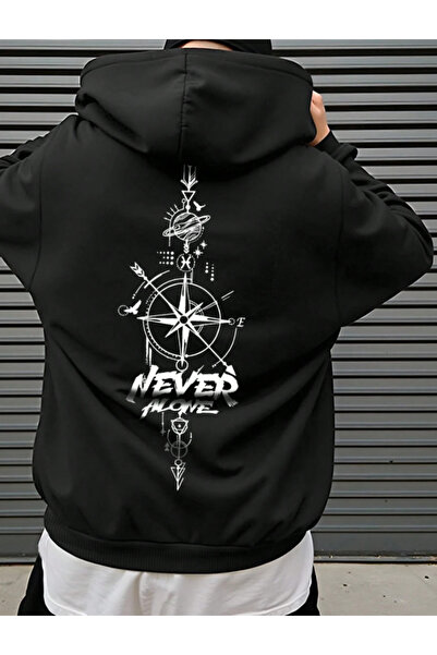 Oceanwear Never Alone Compass Printed Hooded Pocket Plain Unisex Black Sweats...