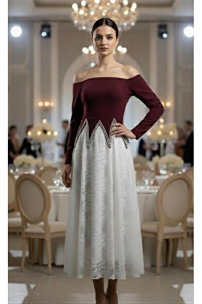 tasmim kian Midi evening dress with long sleeves and pearl details at the waist