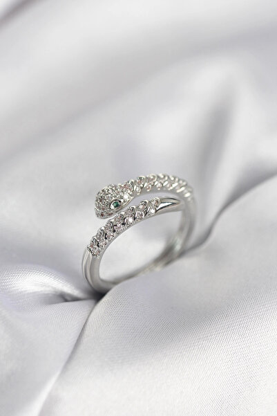 shopwave خاتم نسائي موديل ثعبان فضي اللون مرصع بحجر الزركون