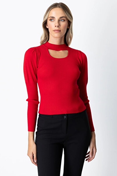 On Fashion Women's Red Sweater with Balloon Sleeves and Windowed Collar 65303