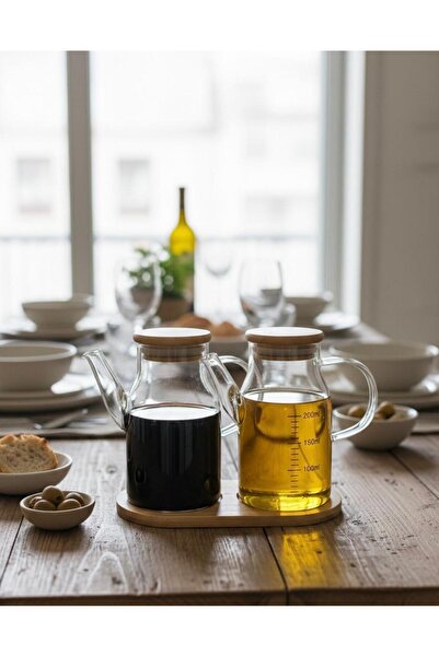 KACASTORE Borosilikat 2'li Standlı Bambu Vakumlu Kapaklı Yağdanlık Seti 200 ML