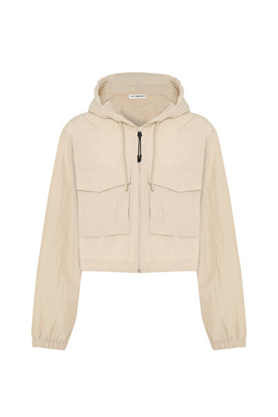 Mudo معطف واق من المطر قصير بغطاء للرأس وجيوب