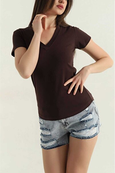 IŞILDA FASHION Βαμβακερό μπλουζάκι με λαιμόκοψη V