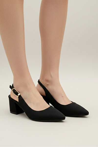 ŞAH Black Satin Open-Back Buckle 5cm Heeled Stiletto