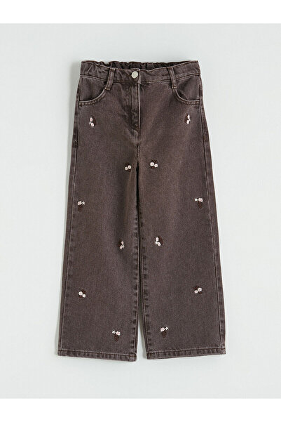 LC Waikiki بنطلون جينز بناتي من مجموعة إلسيفا باللون البني مع خصر مطاطي قابل ...