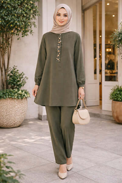 Puane Women's Beaded Collar and Shell Embroidery Detailed Shalwar Trousers Se...