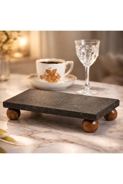 STONE EDITION Natural Stone Presentation Stand with Rectangular Wooden Legs -...