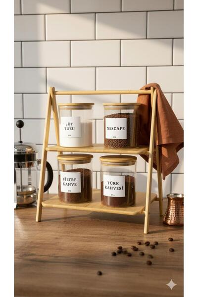 Dia Bambu Standlı 4'lü Cam Kahve Saklama Kavanoz Seti - Kahve Köşesi Düzenleyici