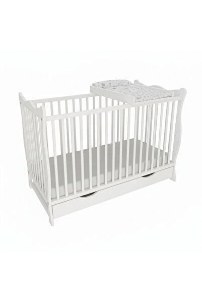 Kidizi Patut din lemn masiv cu sertar si capac 120x60 cm Isla alb, masuta inf...