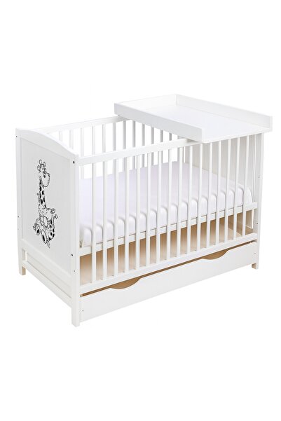 Kidizi Patut din lemn masiv 120x60 cm Bria alb cu sertar, masuta infasat din ...