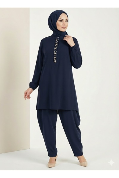 Puane Women's Beaded Collar and Shell Embroidery Detailed Shalwar Trousers Se...