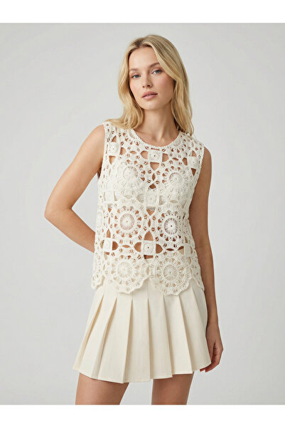 DM DİLAN MODA Women's Crocheted Sleeveless Patterned White Color Blouse
