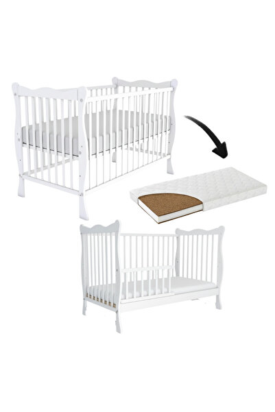 Kidizi Дървено креватче от масив с преграда 120x60 см. Матрак Isla в бяло и к...