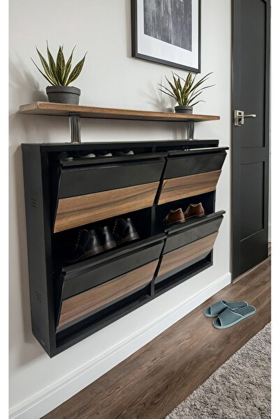 Empressco Şık 4’lü MDF Kaplamalı Metal Ayakkabılık, Siyah ve Natural Ceviz Re...