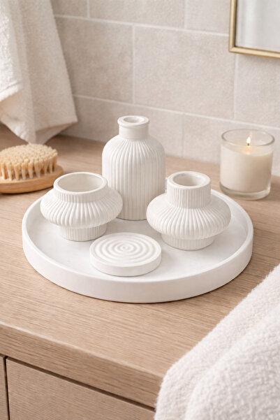 MeviDecor Modern Dekoratif 5’li Sunum Seti – 20 cm Tepsi, Vazo, Şamdan, Teali...