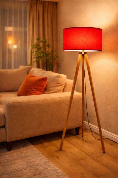 menalART Ağaç Tasarım 3 Ayaklı Ahşap Tripod Lambader Kırmızı Abajur Kumaş Baş...