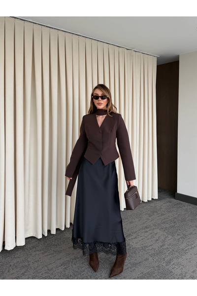 Laluvia Black Satin Skirt with Lace Hem - 50228