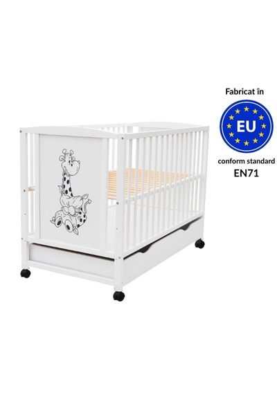 Kidizi Patut din lemn masiv 120x60 cm Bria alb cu sertar si roti, reglabil pe...