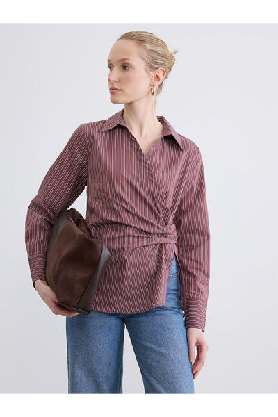 LC Waikiki M&B Collection Bordo Kruvaze Yaka Çizgili Büzgülü Bluz