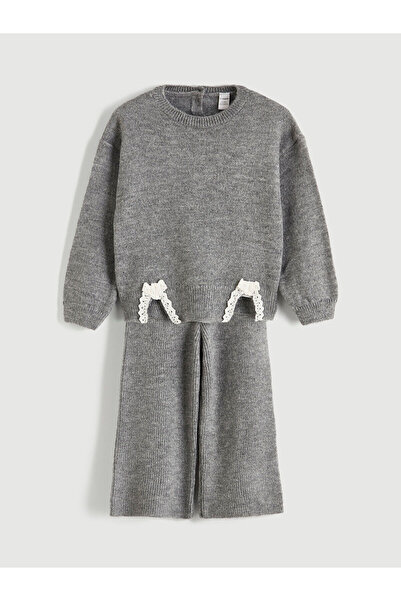 LC Waikiki Gray Crew Neck Bow Detailed Girls' Knitwear Set