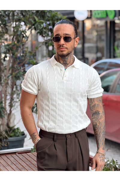 manch collection Hair Braid Detailed Knitwear Polo Collar White