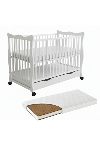 Kidizi Solid wood crib with drawer, lid and wheels 120x60 cm Isla white and L...