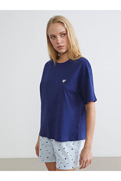 LC Waikiki Blue Heart Embroidered Women's Shorts Pajama Set